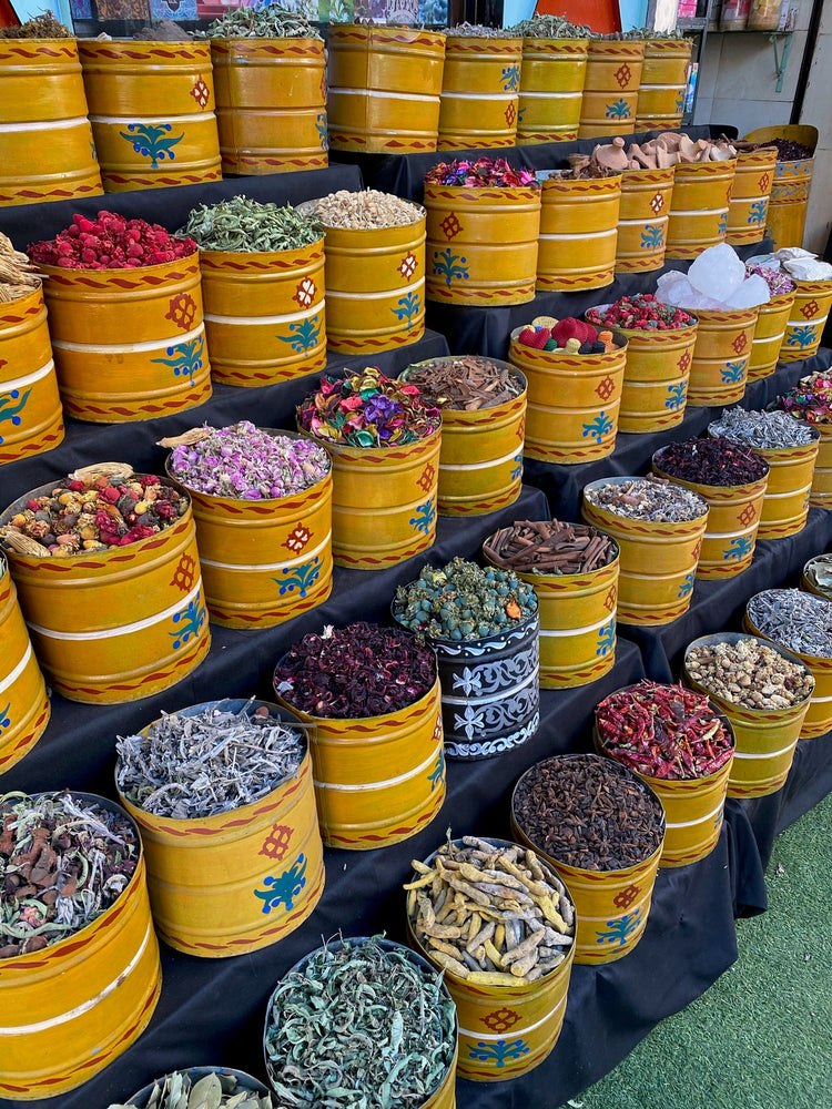 Marrakesh market scene with dense stalls and colour