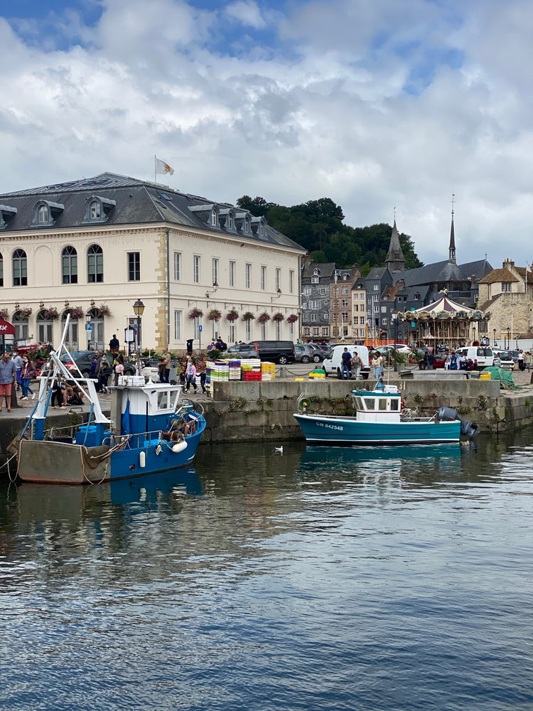 Garden scene in Honfleur with bright flowers, greenery and traditional Normandy buildings
