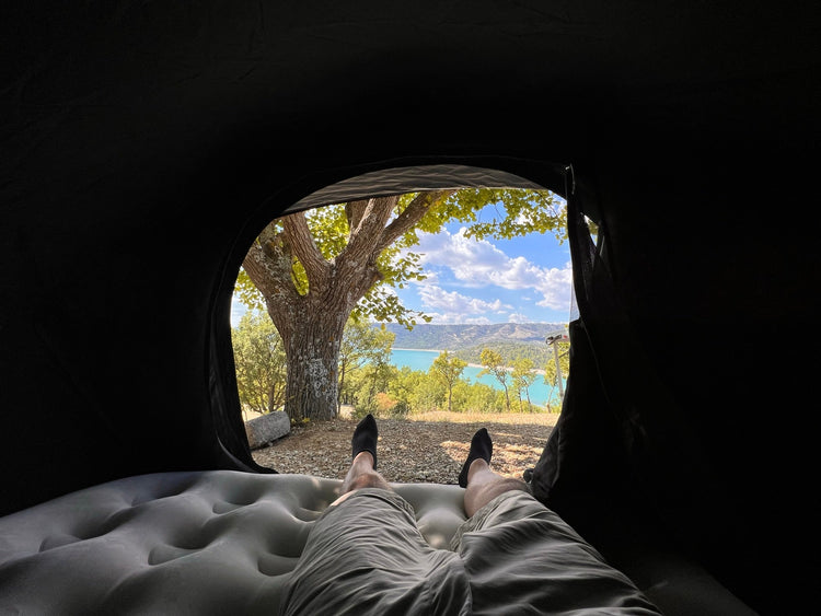 Camping in a tent above Verdon Gorge, lake view, Provence.